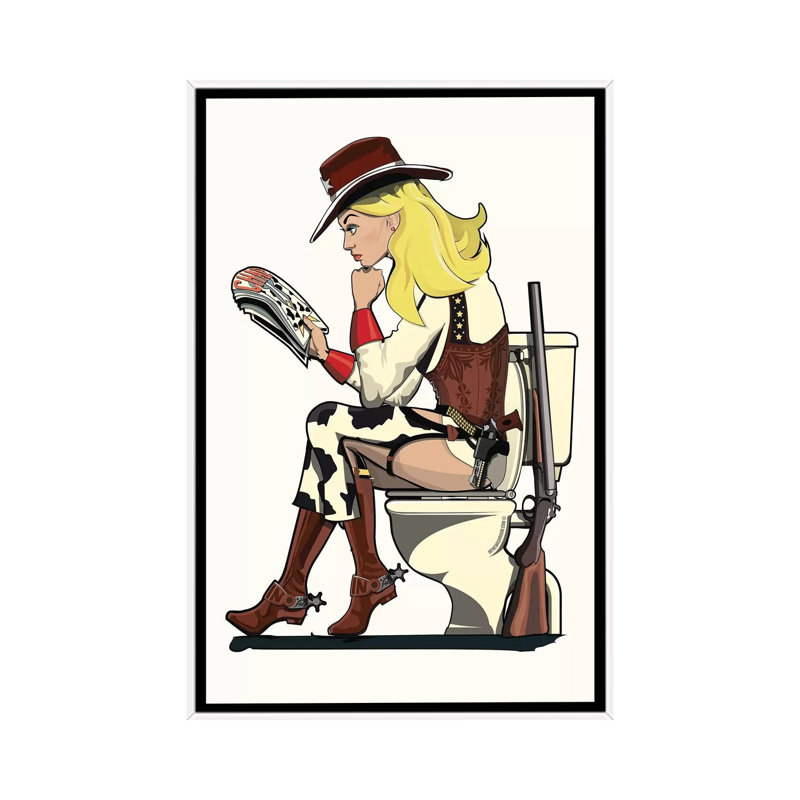 Cowgirl on the toilettes - impression d'art graphique, H 60 po x l 40po x P 1,5 po, Toile blanche encadrée, Aucun mat