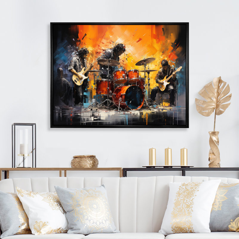 Rock Band In Action I - Dance, art mural, Cadre flottant noir, H 12 po x l 20 po x P 1 po
