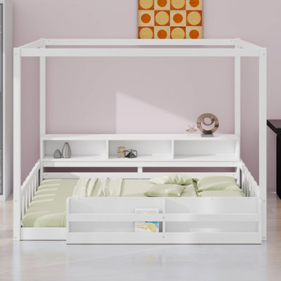 Lit Montessori au sol avec barrières de sécurité, tablette, rangement et structure de baldaquin