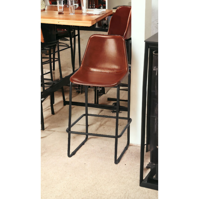 Atley 28'' Brown Genuine Leather and Iron Bar Stool
