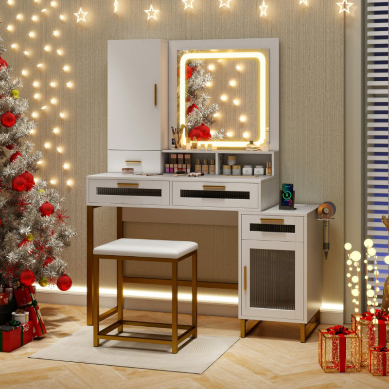 Ensemble coiffeuse et tabouret de maquillage avec miroir lumineux