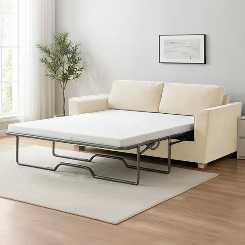 Latitude Run Velvet Queen Pull Out Sleeper Loveseat with Memory Foam Mattress, 30” H x 71” W x 28” D, Beige