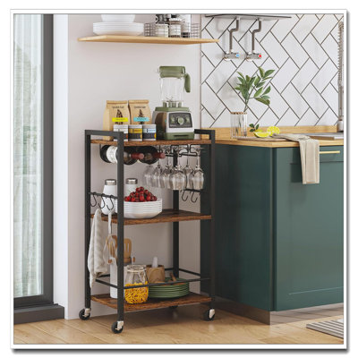 3 Tier Brown Rolling Bar Cart With Wine Rack And Glass Holder Mobile Serving Cart For Home