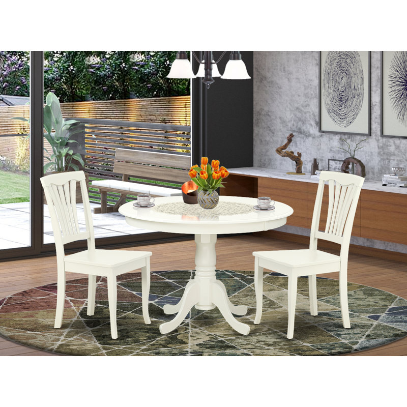 3 Piece Kitchen Table Set for Small Spaces Contains a Round Dining Room Table with Pedestal and 2 Dining Chairs, Linen White