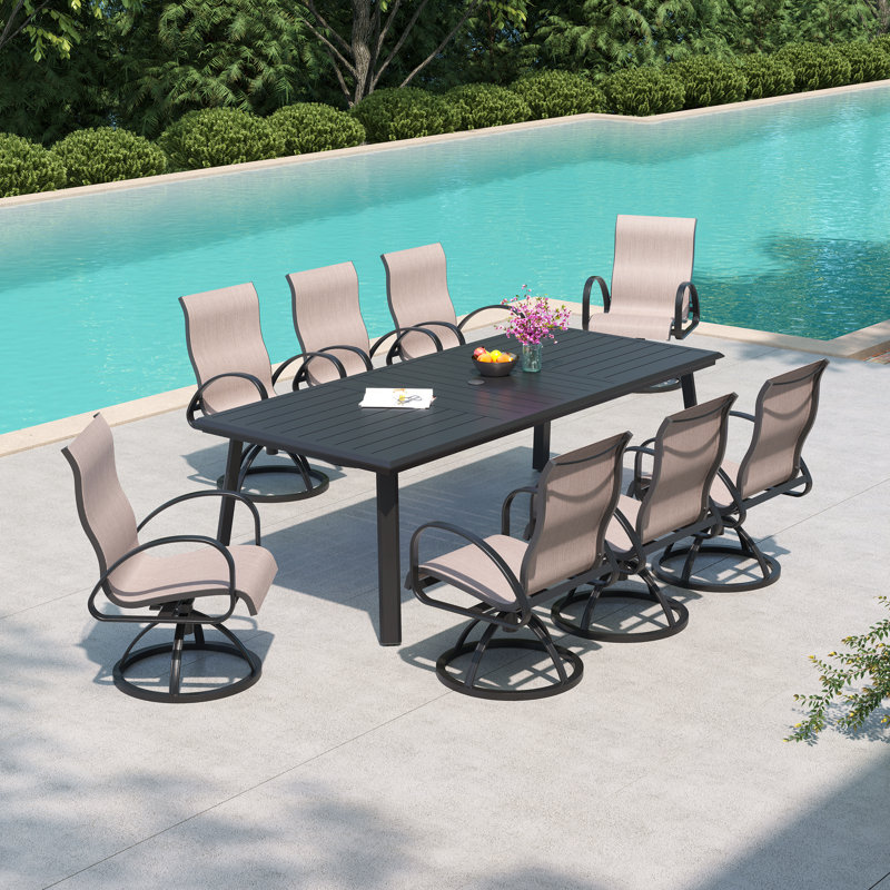 8 - Person Patio Dining Set with Aluminum Rectangular Table and Sunbrella Fabric Swivel Armchairs, Brown/Black