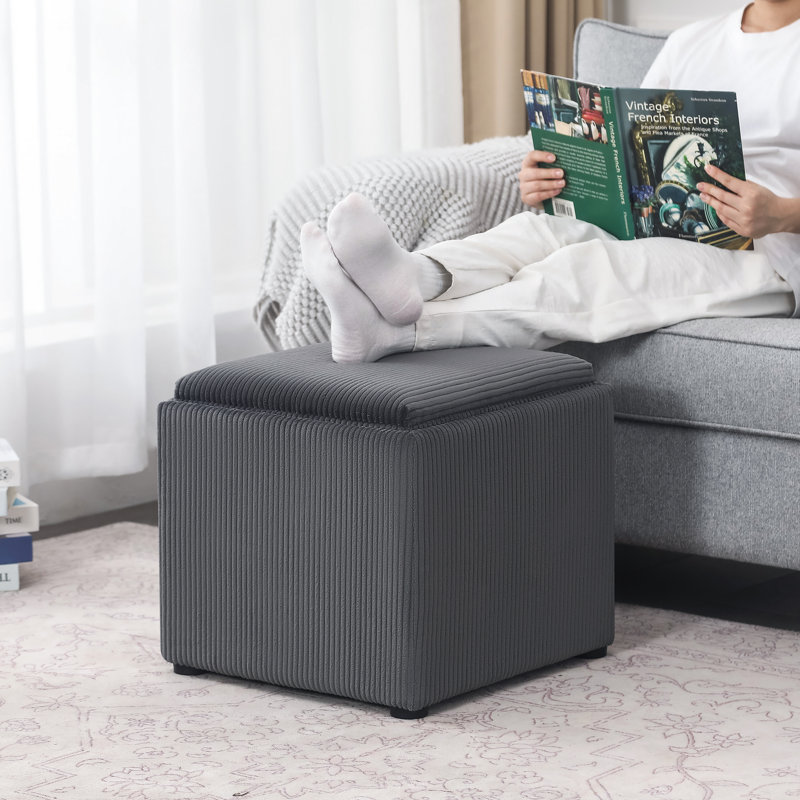 Akifa Corduroy Storage Ottoman with Tray Top, Gray