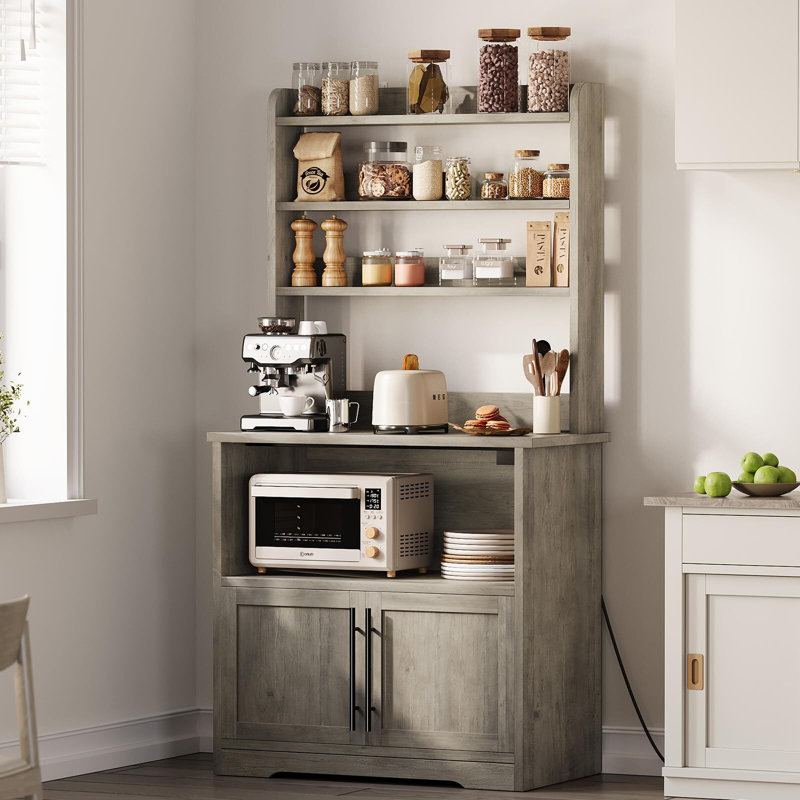 Étagère Bakers avec armoire de rangement, support pour micro-ondes avec prises de courant, Gris
