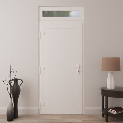 Front Exterior Prehung uPVC Metal-Plastic Door Frosted Glass Manux 8111 White Silk Top Sidelite Transom Office Commercial and Residential Doors Entrance Patio Garage 36 x 94 (W36 x H80+14) Right hand Inswing