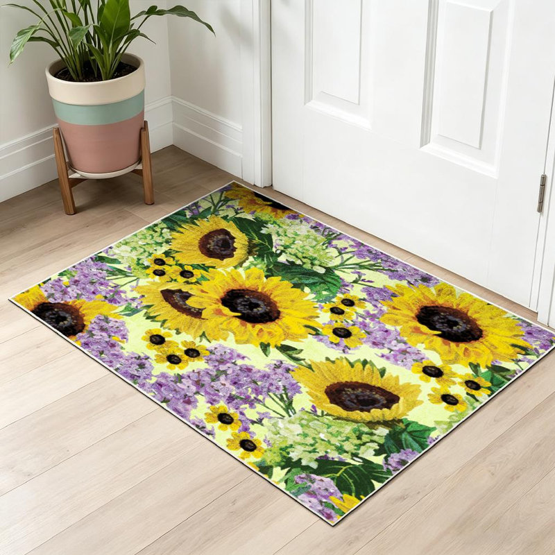 Tapis d'intérieur mauve lavable à la machine, tournesols et fleurs, Rectangle 32 po x 47 po