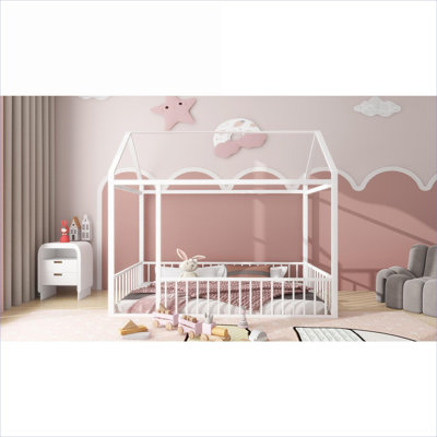 Metal House Bed Frame for Kids and Teens Bedroom, Soft White Twin Size With Protective Play Fence