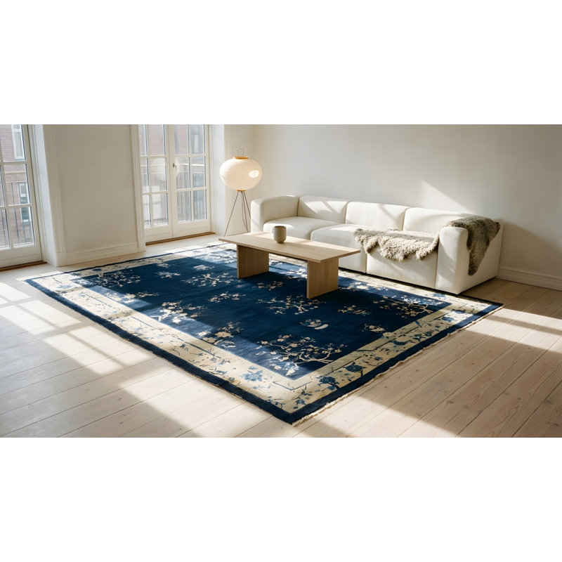 Grand tapis rectangulaire en laine noué à la main bleu des années 1920