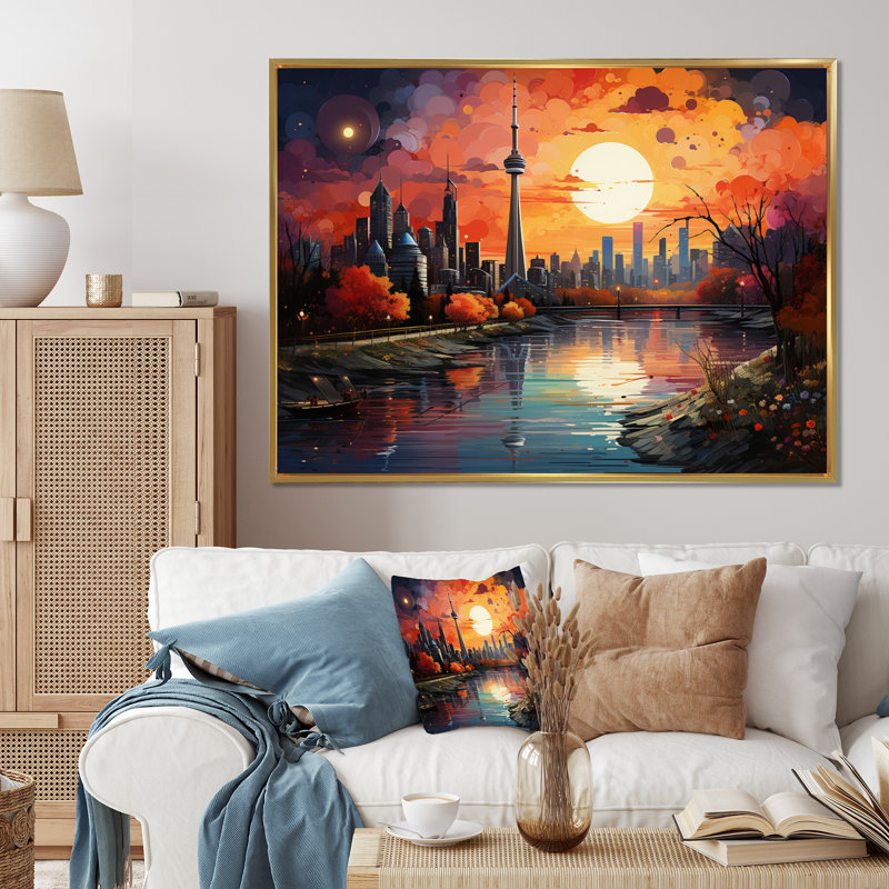 City Toronto Popart Landscape I, reproduction d'art sur toile, 30" H x 40" W, Cadre flottant doré
