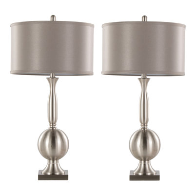 30" Contemporary Metal Table Lamp In Brushed Nickel With Grey Satin Shade - Set Of 2