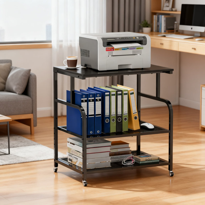 Support mobile pour imprimante avec très grand bureau et 3 tablettes de rangement, chariot de rangement hybride en métal et en bois robuste pour la maison et le bureau