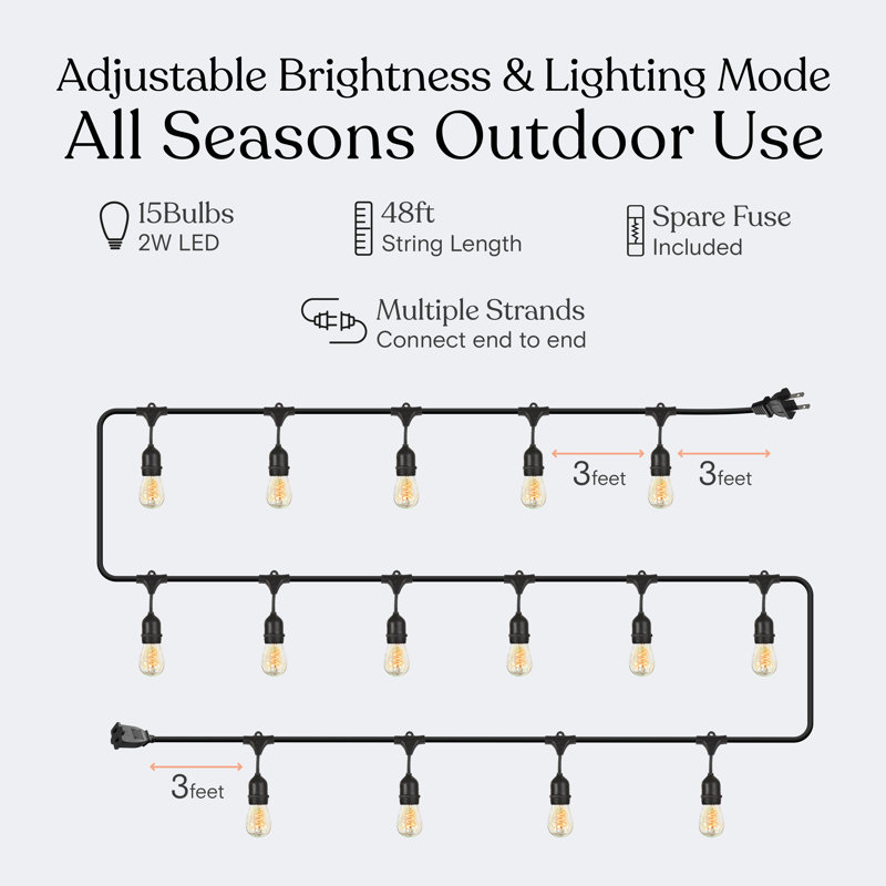 Ambience Pro 48 ft. Plug-In Outdoor Patio LED String Lights with 15 Spiral Filament S14 Bulbs, Dimmable, Weatherproof