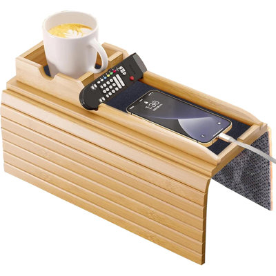 Bamboo Sofa Armrest Tray - 3-In-1 Sofa Arm Tray With Detachable Couch Cup Holder - Phone Stand & Anti-Slip Pad – Organizer For Snacks, Remotes & Drinks (Standard)
