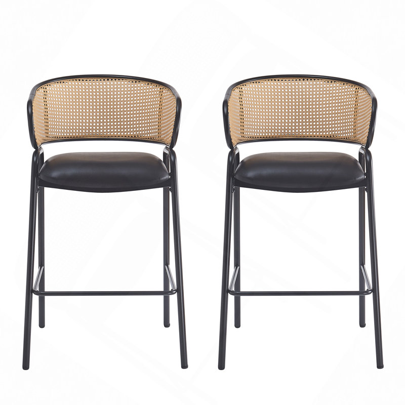 Tabouret de bar d'intérieur revêtu de métal, siège en similicuir avec dossier en rotin Wowen, ensemble de 2