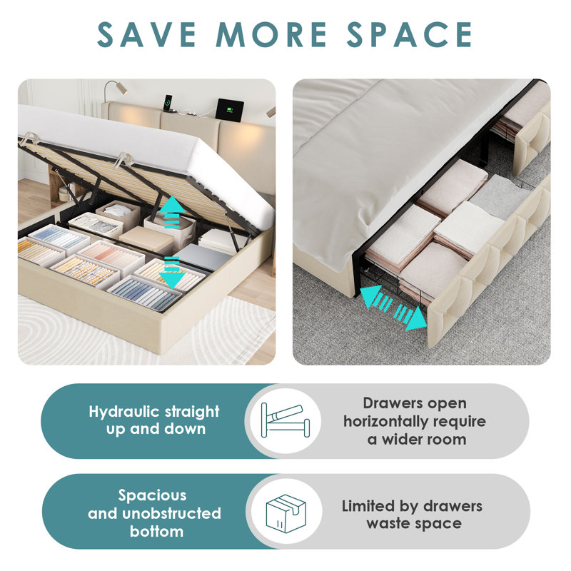 Reman Lift Up Storage Bed with Reading Lights, Linen