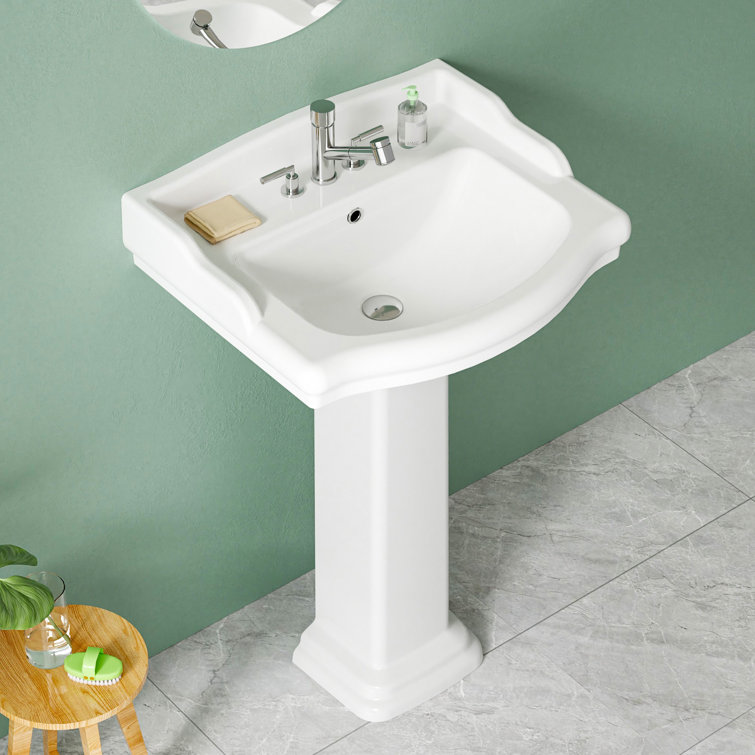 23" W x 19" D Pedestal Bathroom Sink Rectangular Vitreous China with 3 Faucet Holes and Overflow