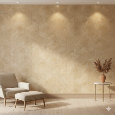 Carreau hexagonal en marbre naturel jaune-beige doré avec une finition polie, matériau de pierre authentique pour une utilisation sur les murs et les planchers, 12 carreaux par boîte.