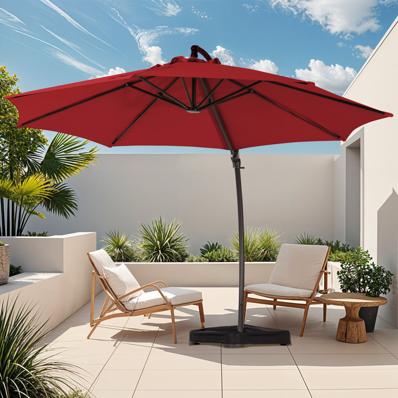 Parasol en porte-à-faux 12 pi Bersa avec inclinaison infinie, mât en aluminium, housse de protection et sac de sable, Rouge