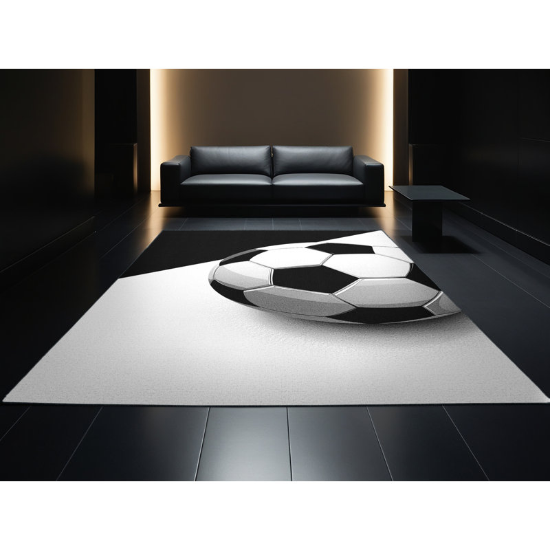 Machine Washable Medford Soccer Ball Modern & Contemporary Geometric Rug in Blue – Black Binding, 7x9