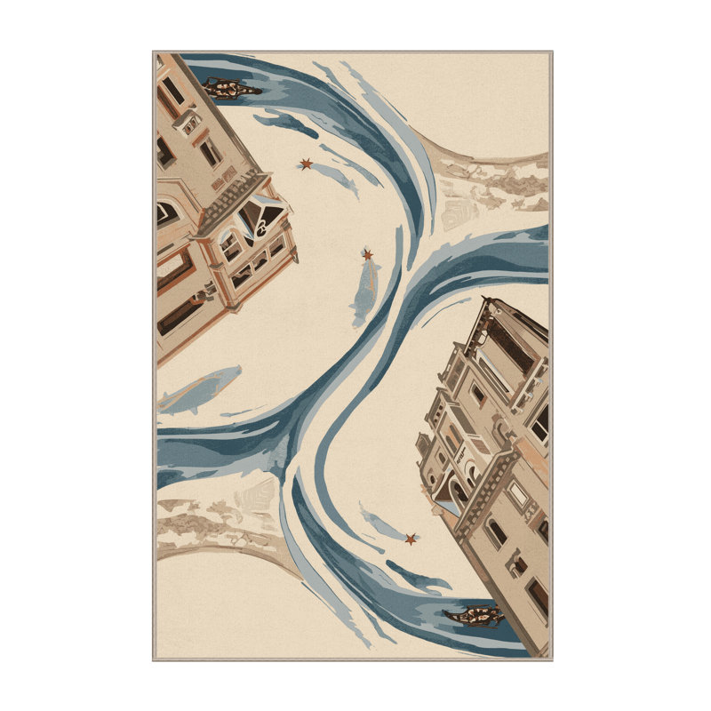 Tapis arc de bord de mer beige à motif de canaux lavables à la machine Paizlei, 5x7