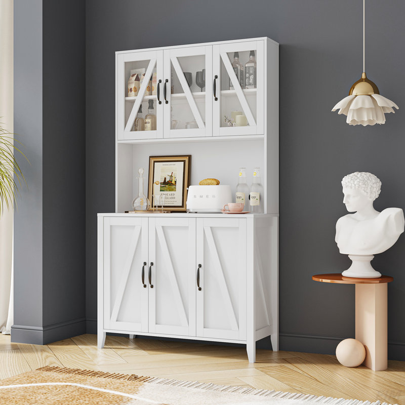 Grande armoire de rangement pour garde-manger avec portes en verre, tiroirs et tablettes ouvertes, armoire de rangement autoportante pour le salon (armoire)