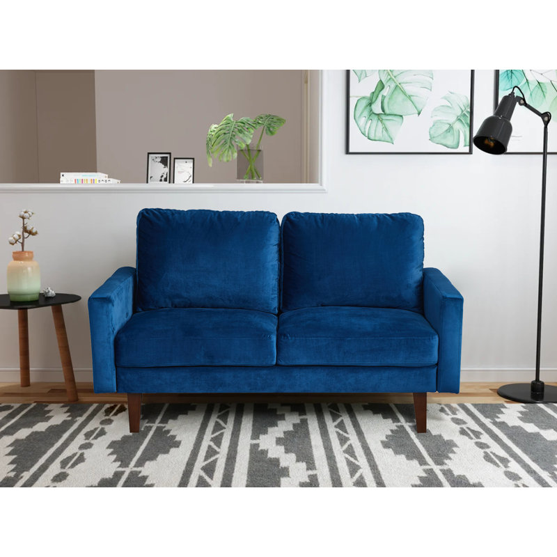 Causeuse à accoudoirs carrés, Velours bleu espace, H 35 po x l 60 po x P 33 po