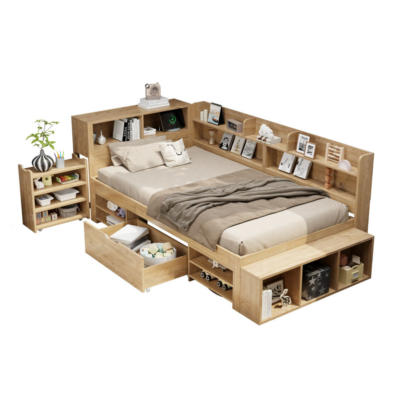 Natural Bed With Drawers, Bookcase & Storage Cupboard, Slatted Frame, No Mattress, Single (3')