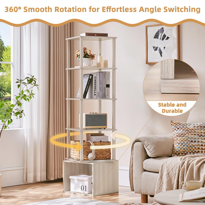 5 Tier Rotating Bookshelf with Storage Cabinet, 360° Display Revolving Bookcase, Square Spinning Book Shelf Tower Organizer, Freestanding Wooden Bookshelves for Small Space, Bedroom Living Room (Grey)