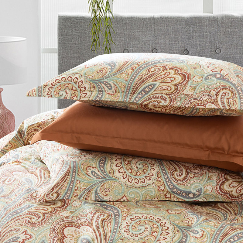 Boho Egyptian-Quality Cotton Sateen Paisley Duvet Cover, Queen Duvet Cover + 2 Standard Shams