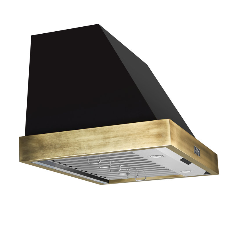 Forno Vittorio 36" Wall Mount Range Hood & Antique Brass Trim, 600 CFM with Baffle Filters, Black