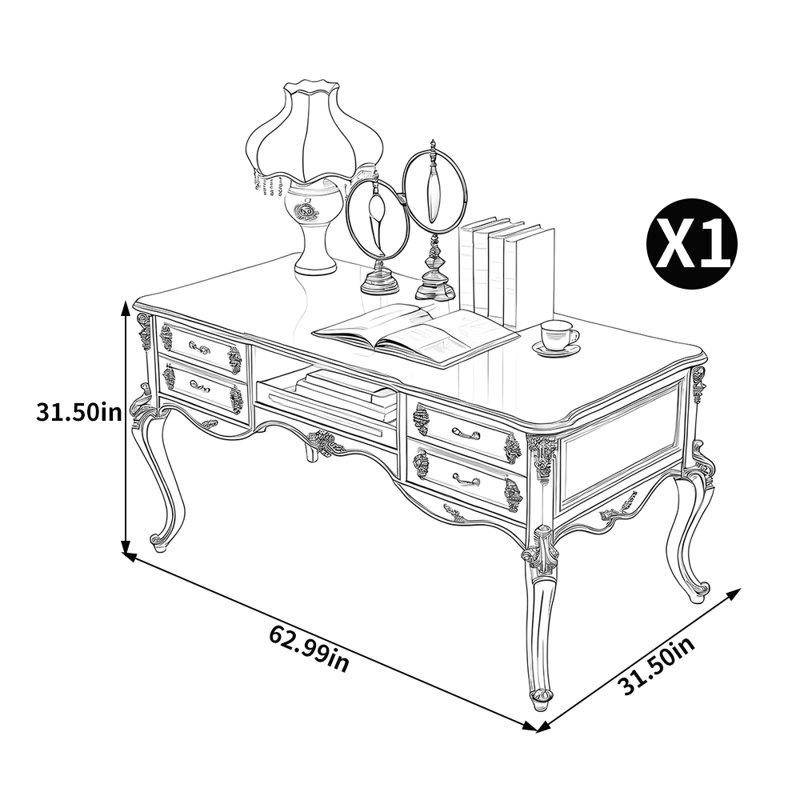 Bureau d'ordinateur de luxe de style européen, H 31,5 po x l 62,99 po x P 31,5 po