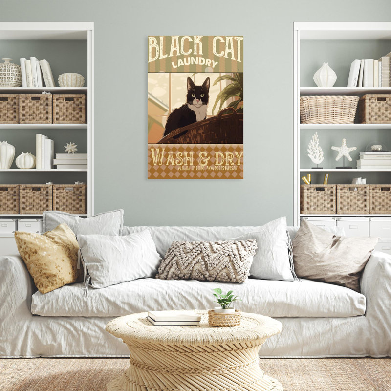 Blanchisserie de chat noir sur toile, H 36 po x l 24 po x P 1,25 po