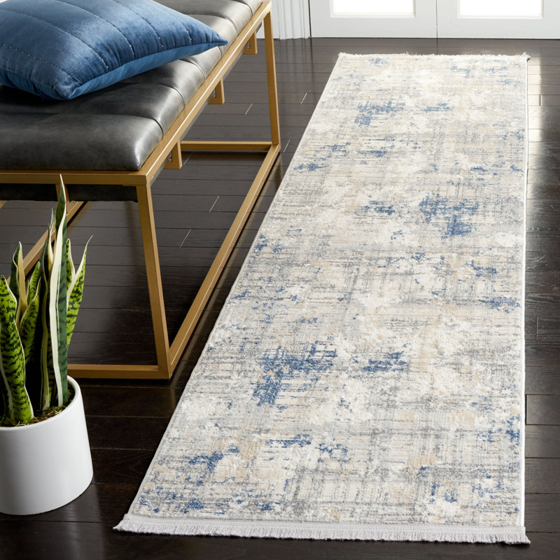 Tapis abstrait en polypropylène tissé à la machine en gris / bleu / ivoire Dudden, Tapis de couloir 2 pi 2 po x 8 pi