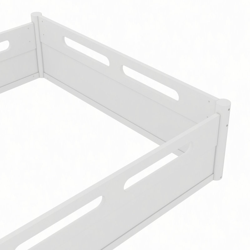 Lit plateforme au sol avec garde-corps de longueur, base de lit à profil bas, aucun sommier requis, Grand lit, Blanc