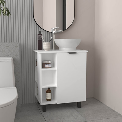 Meuble-lavabo à vasque flottante Allegra, portes doubles et tablette de rangement, blanc
