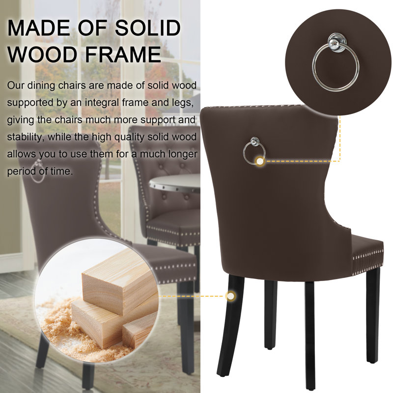 Brown Faux Leather Upholstered Side Chair with Wood Legs, Set of 2