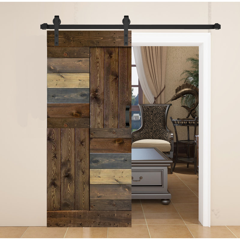 60 in. x 84 in. Unfinished Knotty Pine Wood Double Sliding Barn Door with Classic Bent Strap Black Hardware Kit 60 in. x 84 in. Unfinished Knotty Pine Wood Double Sliding Barn Door with Classic Bent Strap Black Hardware Kit