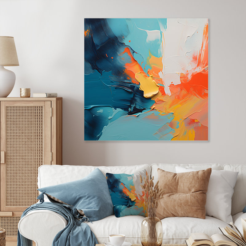 «Blue and Orange Paint Abstract Expression 1», art mural abstrait en métal, H 29 po x l 29 po