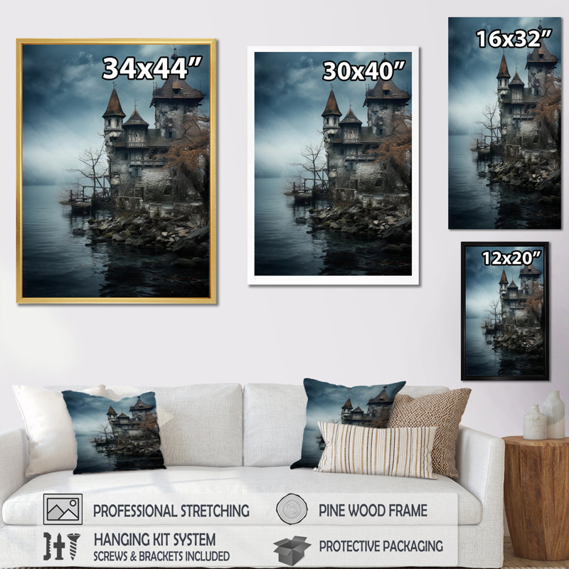 «Mysterious Castle By The Misty Lake», reproduction sur toile, H 32 po x l 16 po, Cadre flottant blanc