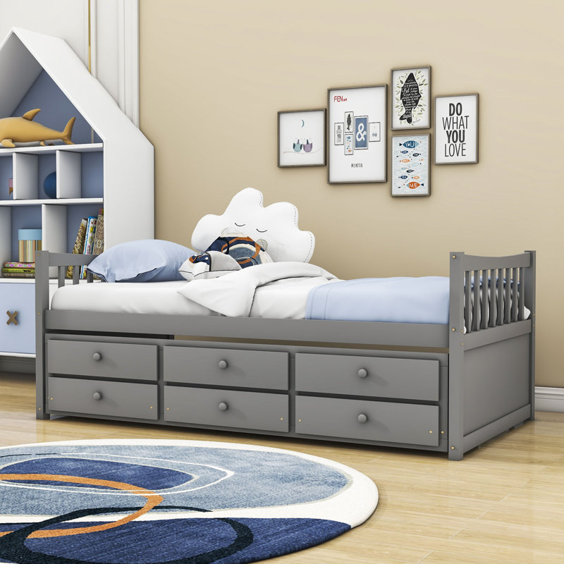 Lit plateforme simple à 3 tiroirs avec lit gigogne, gris