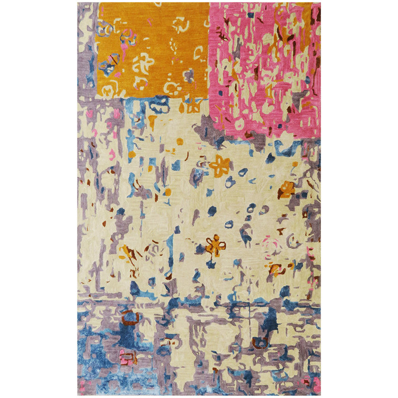 Abstract Area Rug in Pink/White/Purple/Yellow, Rectangle 5' x 8'