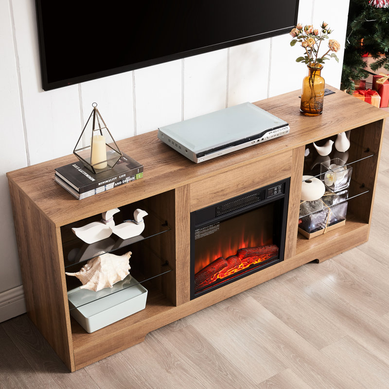 Meuble télé avec foyer électrique, flamme 3D, lumières à DEL, l 58 po pour téléviseurs de 32 à 62 po, feu moderne au fini chêne, charge
