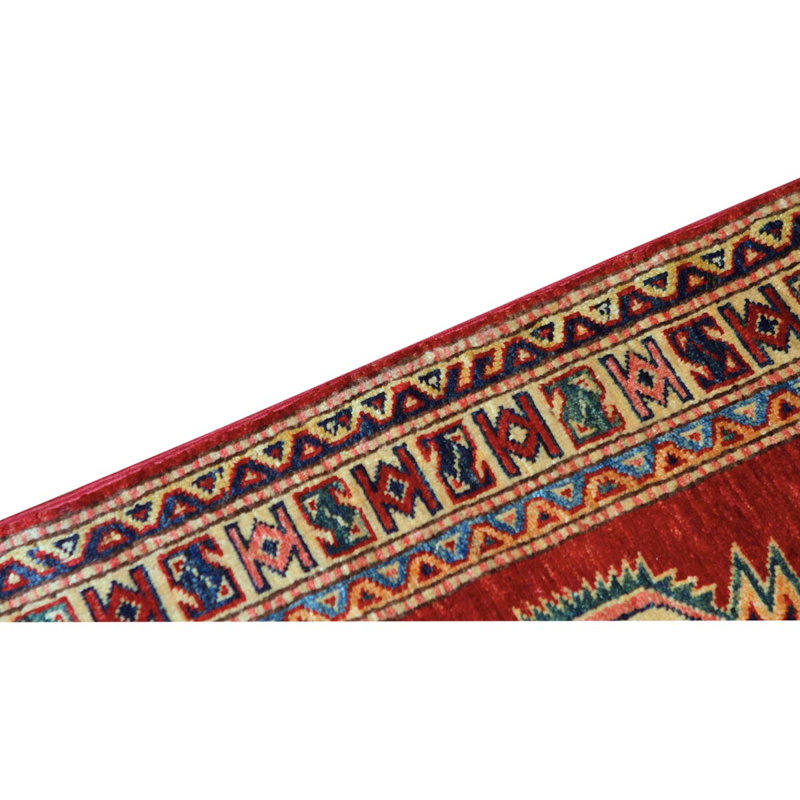 Tapis beige / rouge / bleu marine en laine noué à la main de conception unique 3 pi x 5 pi 1 po