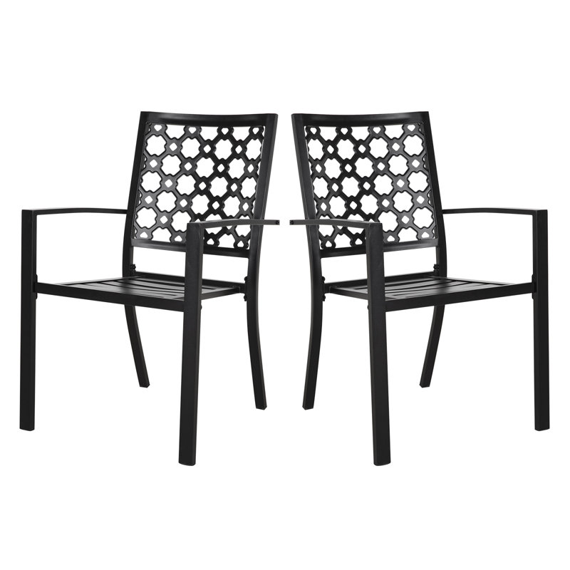 Ensemble de 2 chaises de patio d'extérieur robustes en métal noir de 450 lb avec accoudoirs empilables, robustes, durables pour le porche, la cour, la terrasse et l'extérieur