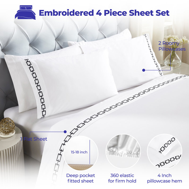 Superior 100% Cotton Chain Link Embroidered Deep Pocket Bed Sheet Set, Queen Sheet Set with 2 Pillowcases, White/Black