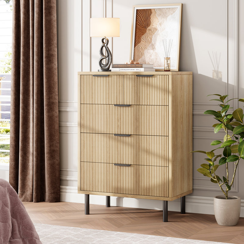 Wave Fluted 5 Drawer Dresser for Bedroom, Modern Wood Chest of Drawers with Wide Drawers, Black