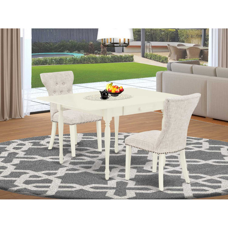 Rectangular Solid Wood Top With Dropleaf Dining Table Set, Beige/White, Linen White, 3 Pieces: 1 Table, 2 Chairs